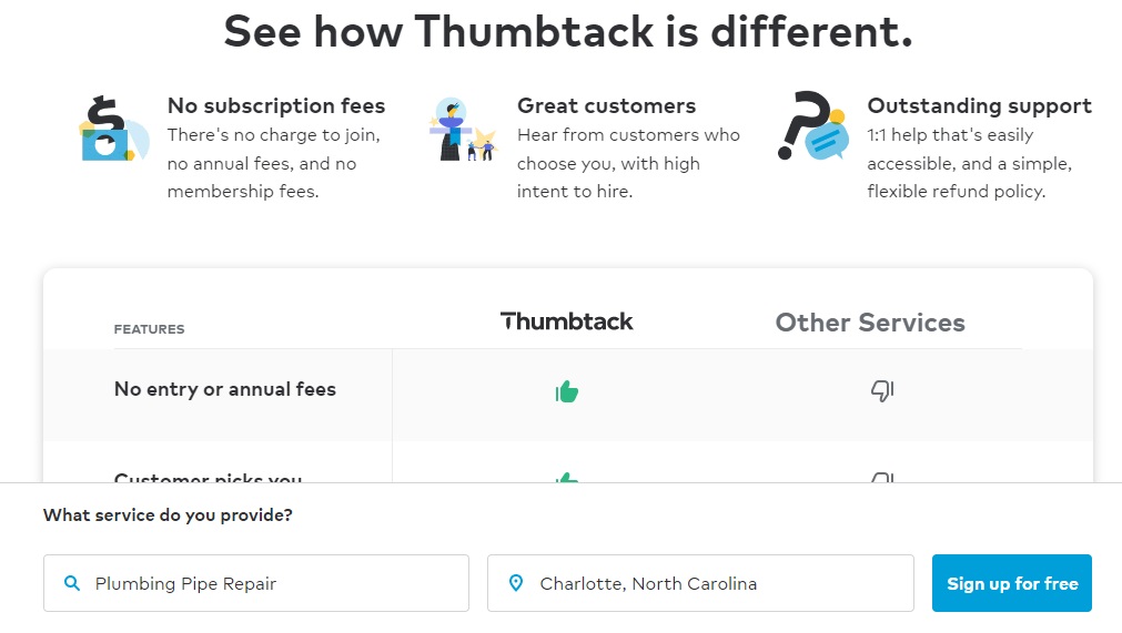 Thumbtack website for advertising plumbing businesses. 