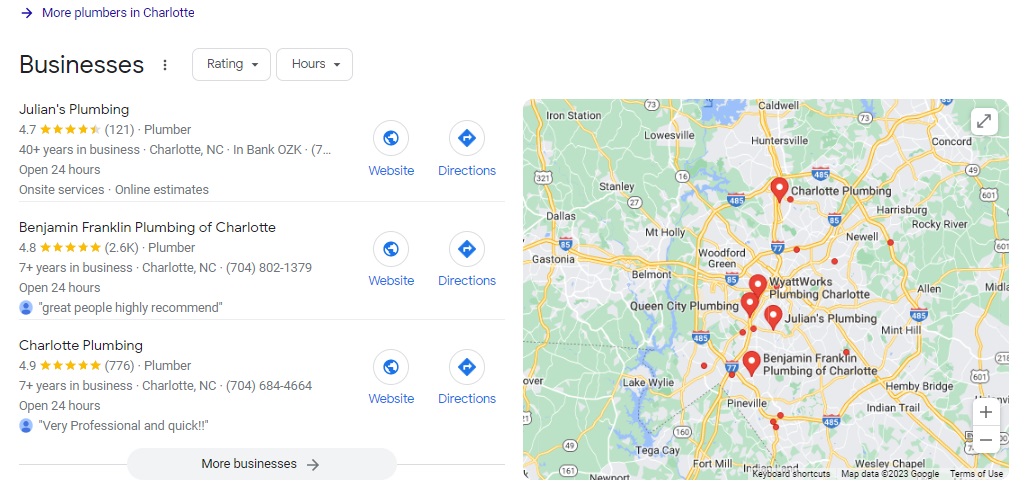 Google local pack results for plumbers