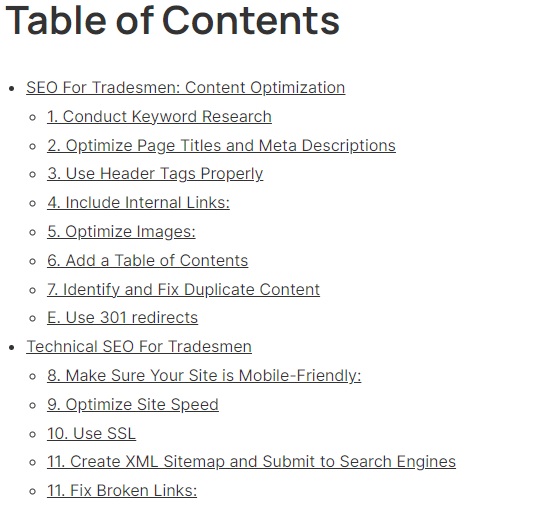 Adding a table of contents is a quick and easy SEO win for tradies